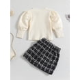 thumbnail image 3 of Faithtur 2PCS Toddler Girls Fall Outfits, Long Lantern Sleeve Ribbed Knit Tops + Tweed Skirt Set, 3 of 9