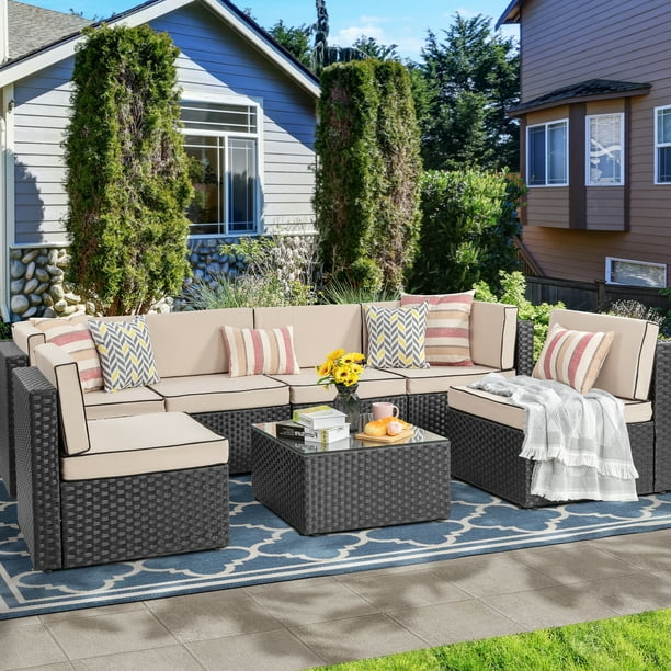 Walsunny 7 Pieces Patio Outdoor Sectional Sofa Furniture Sets, Black Wicker Rattan Conversation