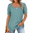 thumbnail image 3 of Squared Neck Shirred Top Puff Short Sleeve Pure Color Polyester Fiber Women's Blouse Top for Dating Pea Green XXL, 3 of 5