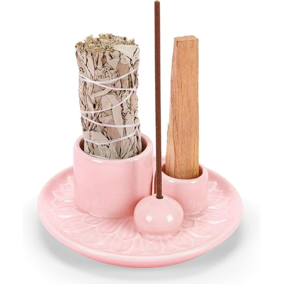 Support de Bâtons d'Encens Palo Santo, Brûleur d'Encens en Céramique Fait Main Multi-Usage pour Bâtons d'Encens Palo Santo, Support de Sauge pour Brûler, Plateau Attrape-Cendres pour Méditation Salle de Yoga (Rose)