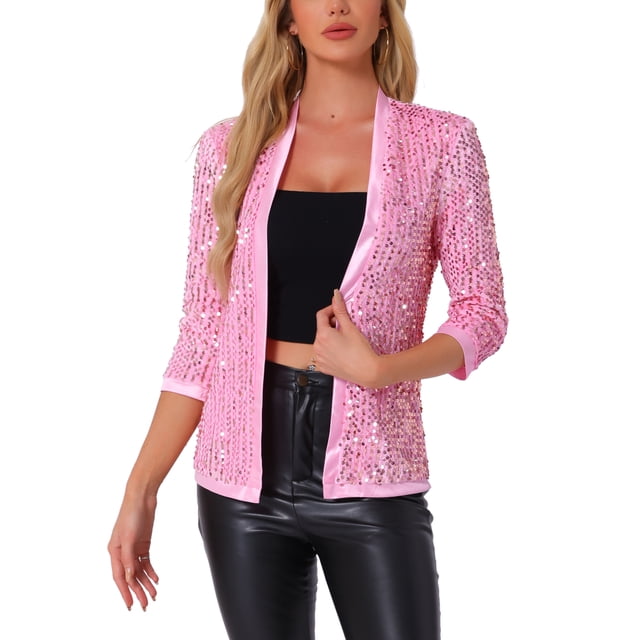 Cárdigan de terciopelo sin cuello con lentejuelas brillantes para mujer Inspire Chic, manga 3/4, color rosa