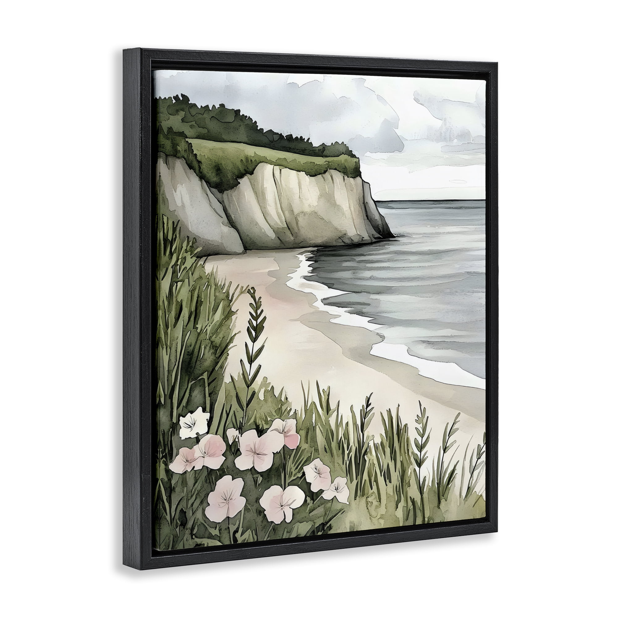 Stupell Industries Coastal Calm with Floral Blooms Black Framed Floater Canvas Wall Art, design by Riley B