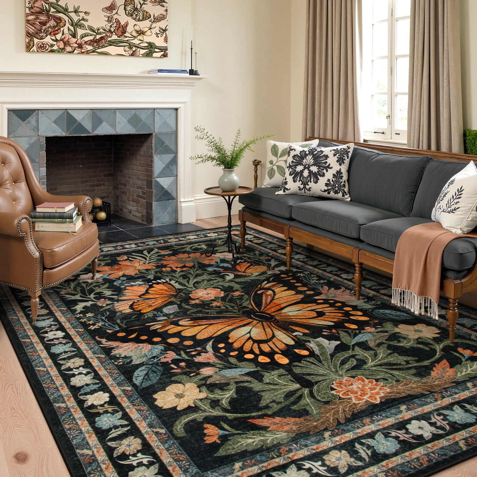 Lahome Decor 8'x10' Butterfly Area Rugs, 8x10ft Large Washable Rugs for Living Room, Non-Slip Bedroom Rugs Stain Resistant Boho Floral Rug Low-Pile Throw Rug for ‎Dining Room Office,Black