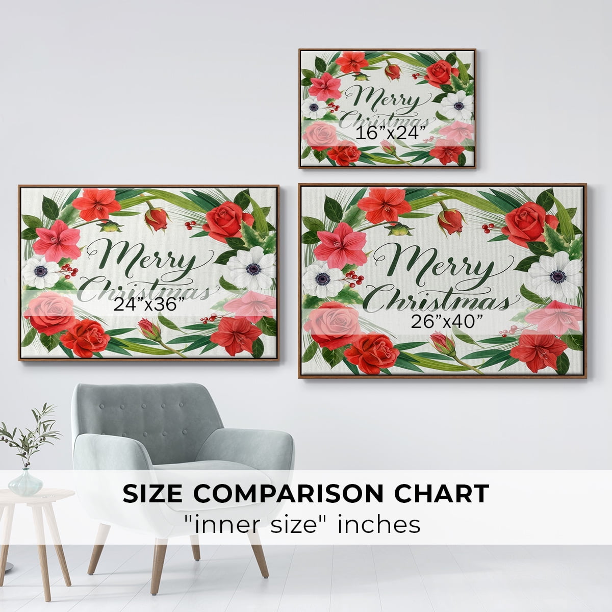 Christmas Flora Wreath Collection A - Framed Gallery Wrapped Holiday Canvas - 27 x 41 - Rosewood Frame