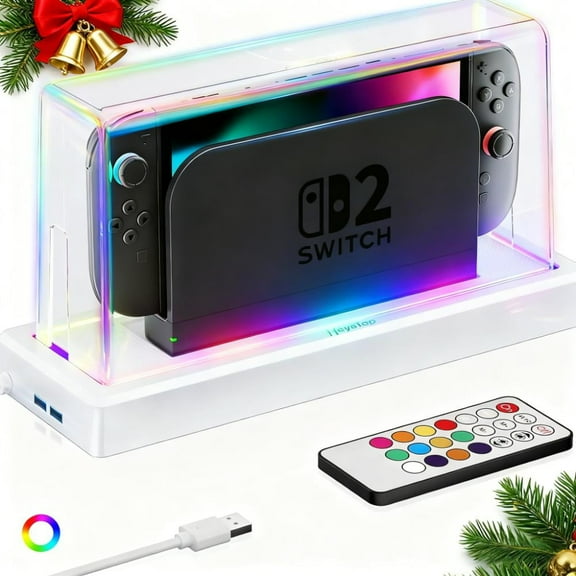 Dust Cover with 16 LED Colors Light Base for Nintendo Switch2/OLED - Acrylic Clear Display Box, Anti-Scratch Waterproof Slim Dock Case, Cool Gaming Accessories
