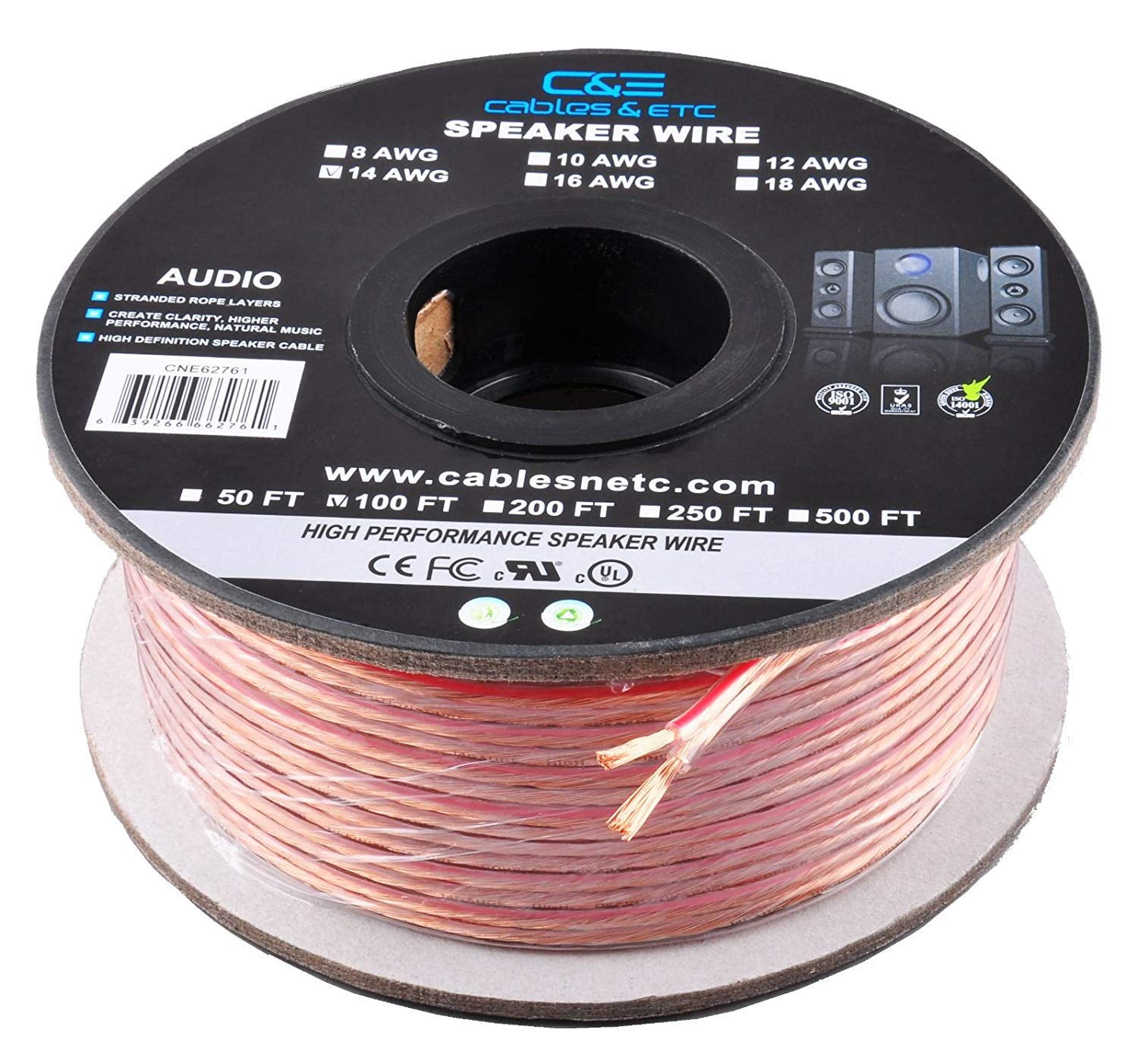 GearIT Pro Series 100 Feet Oxygen Free Copper UL 14 AWG Gauge CL3 Rated OFC Speaker Wire Black GearIT Pro Series 100 Feet Oxygen Free Copper UL 14 AWG Gauge CL3 Rated OFC Speaker Wire Black