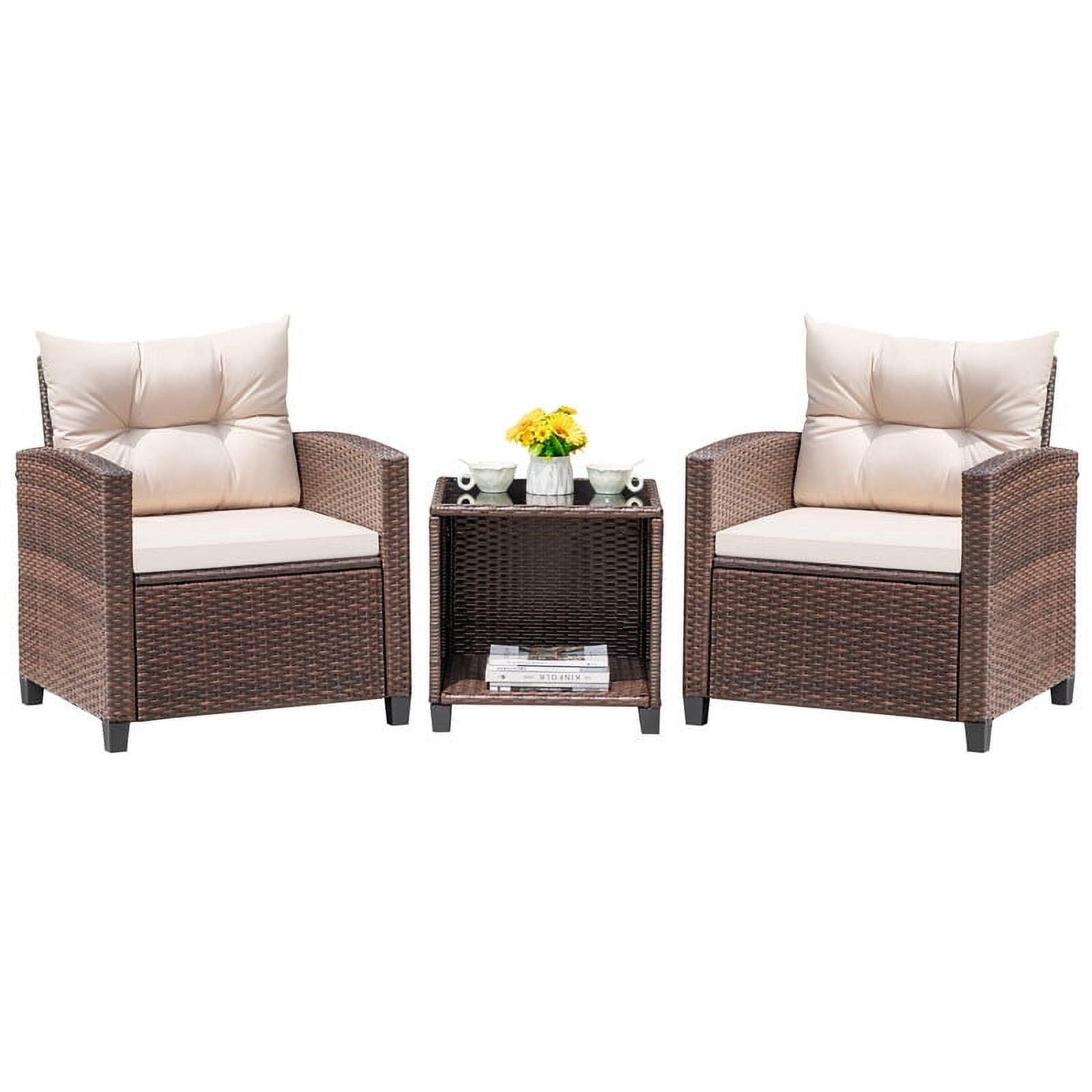 Devoko Outdoor Furniture Sets 3 Pieces Patio Bistro Set, Rattan Patio Conversation Chair Set with Cushion and Coffee Table, Beige