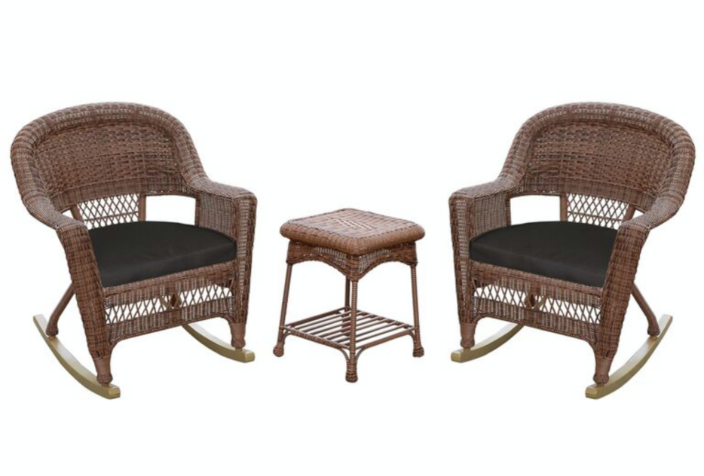 3Piece Honey Brown Wicker Outdoor Patio Rocker Chairs & End Table Set