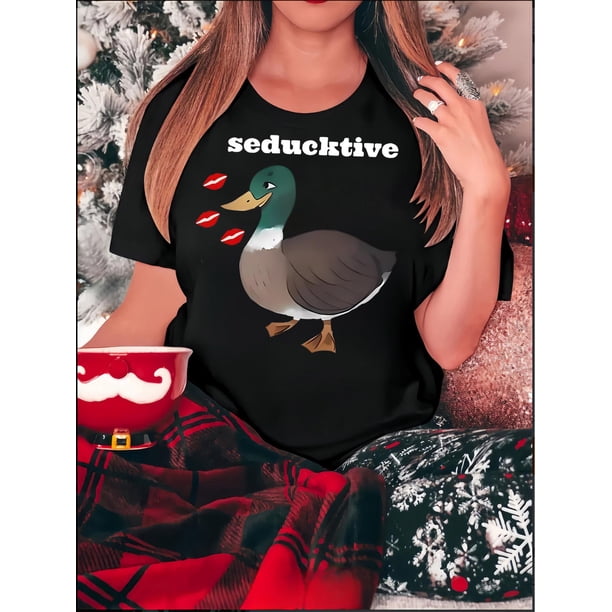 Camiseta informal de cuello redondo para mujer con estampado de patos, tejido de punto de algodón, elasticidad media, estampado animal, corte cómodo para todo el año, ideal para el tiempo libre.