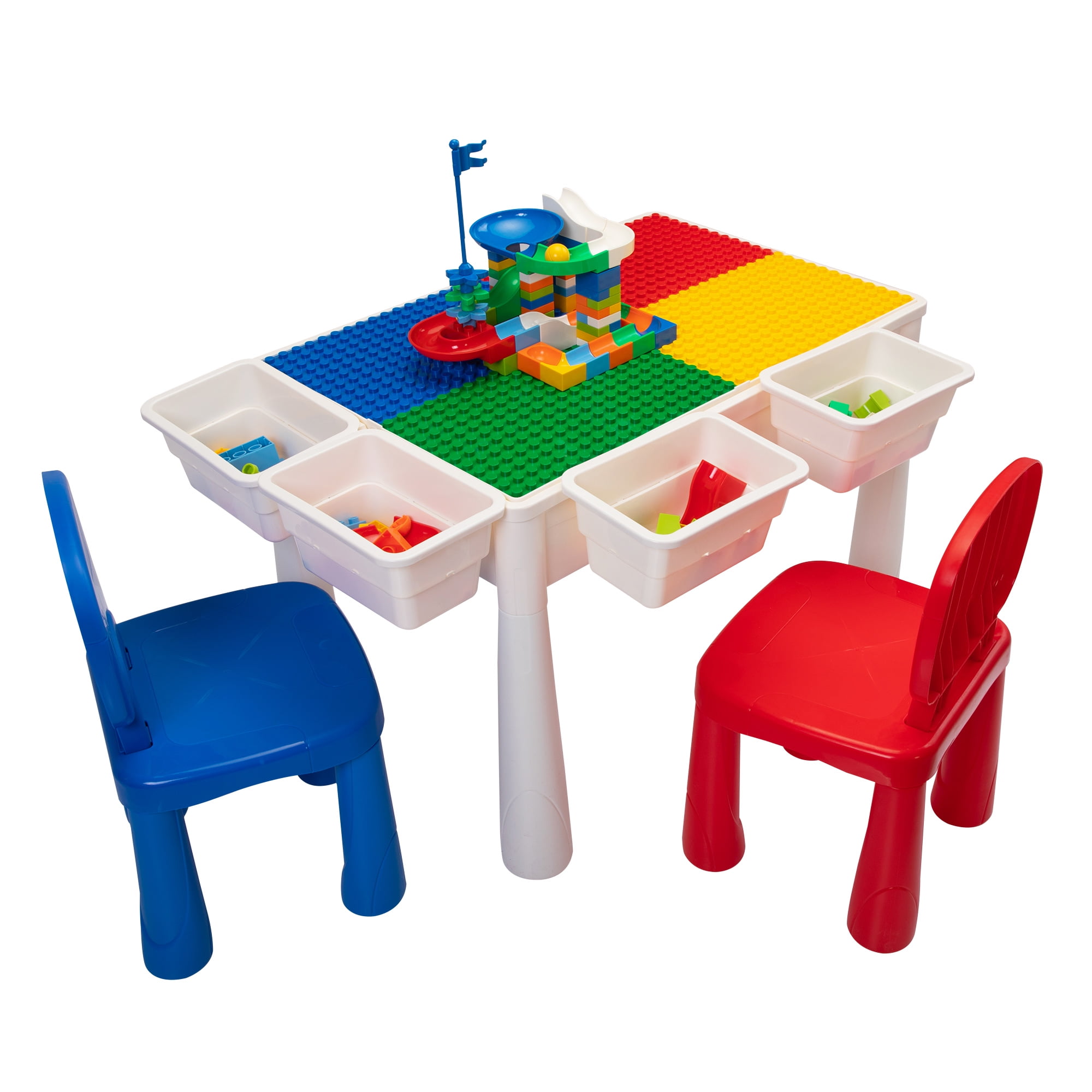 7 in 1 Multi Kids Activity Table Set with 2 Chairs and 170 Pcs Blocks Compatible Blocks.Water Table,Sand Table and Building Blocks Table with 4 Storage Boxes,for Toddlers Activity