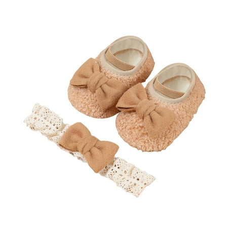 

Bagilaanoe Newborn Baby Girl Shoes + Headband 6M 9M 12M Infant Bowknot Flats and Lace Hairband