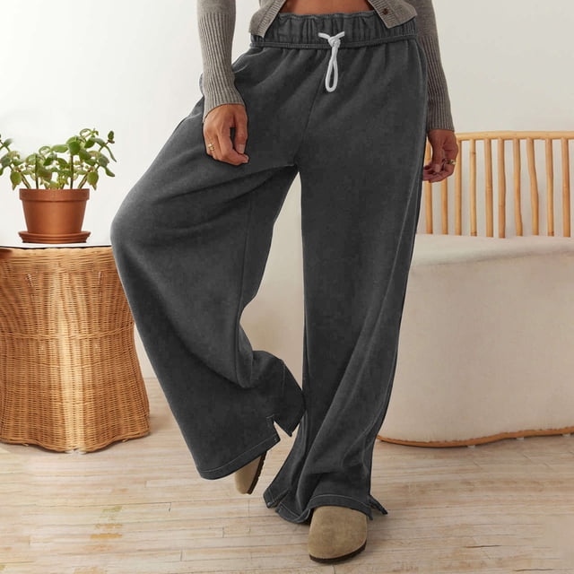 AherBiu Wide Leg Pants for Women Fleece Lined Drawstring Elastic Waisted Solid Color Pants Fall Winter Wide Leg Yoga Pants