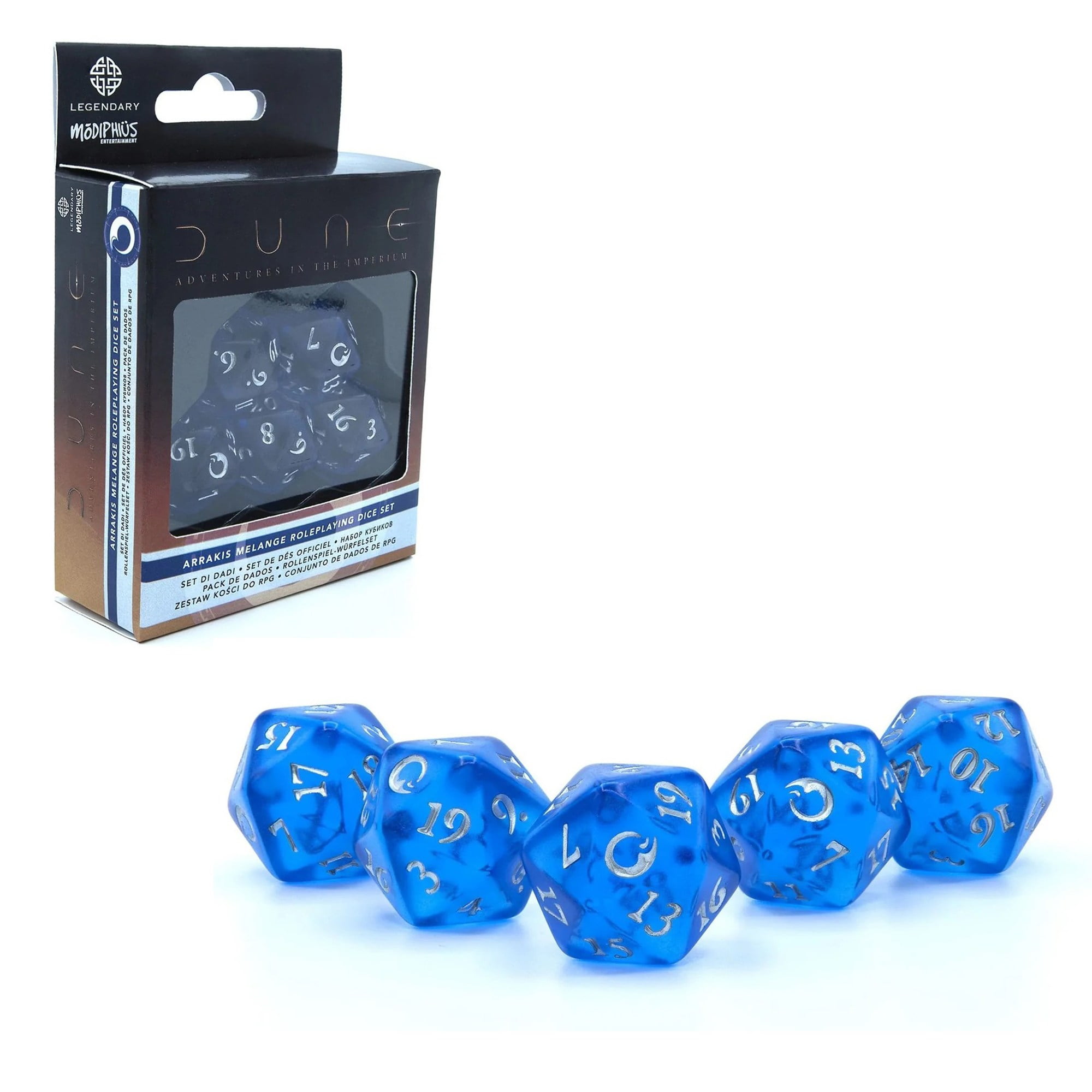 Dune Adventures In The Imperium: Arrakis Melange Dice Set - (5) Twenty Sided Rolplaying Dice Set - Translucent Blue With Silver Numbering, Tabletop Roleplaying Accessory