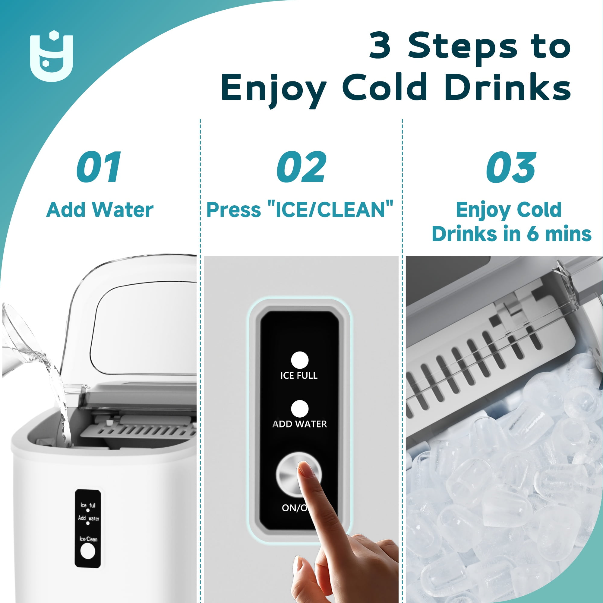 EUHOMY Countertop Ice Maker 26 lbs/Day Portable Self-Cleaning, 9 Bullet Ice in 6 Min, White