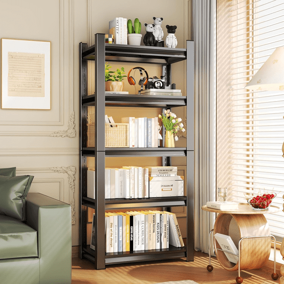 5 Tier Open Bookshelf, Industrial Bookcase Display Shelf Racks, Metal Bookcase Storage Shelves Metal Frame, Tall Storage Organizer for Home, Easy Assembly