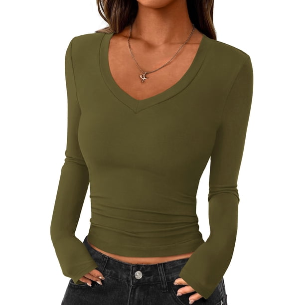Remera PRETTYGARDEN 2025 Manga Larga Ajustada Crop Top Verde Militar Talle S