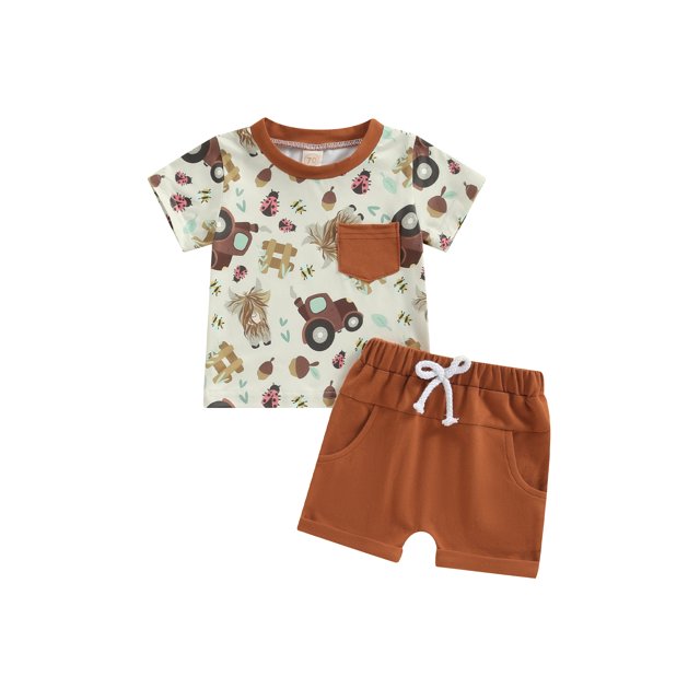 FOCUSNORM Bébé Garçon 2 Pièces Tenue d'Été Imprimé Animal Col Rond Manches Courtes Tops Taille Élastique Shorts Bambin Ensemble