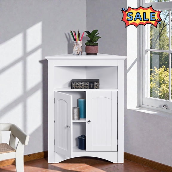 Tcbosik Corner Storage Cabinet, Farmhouse Accent Cabinet with Adjustable Shelf, Buffet Sideboard with 2 Doors for Kitchen, Living Room, Bathroom, White