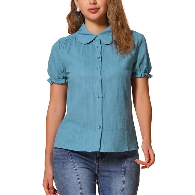 INSPIRAR CHIC Blusas de Algodón con Cuello Peter Pan y Botones Vintage para Mujeres en Azul Real XL
