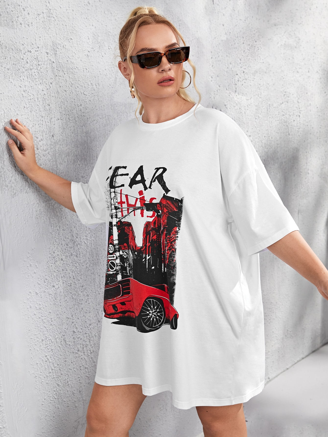 White Casual Women's Plus Size Car And 