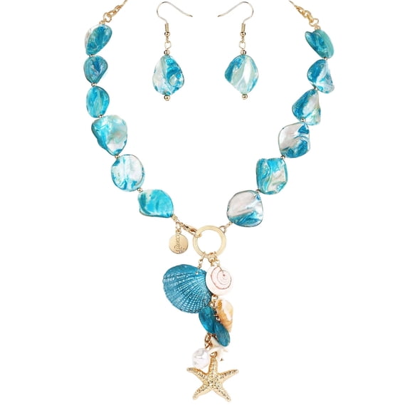 Bocar Natural Seashell Choker Necklace, Starfish Shell, Freshwater Pearl, Mother of Pearl, Earrings Jewelry Set for Women