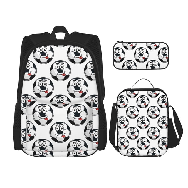 Disketp Happy Football Mochila Estampada de Gran Capacidad con Lonchera y Estuche, Set de 3 Piezas para Estudiantes