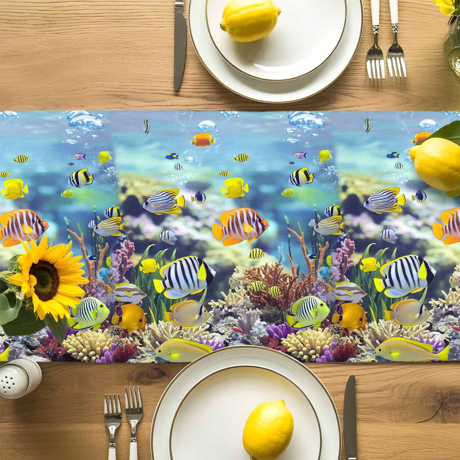 Sea Fish Coral Seaweed Table Runner 90 Inches Long, Summer Blue Ocean Table Runners Tabletop Scarf Kitchen Dining Tables Decoration for Home Party Indoor Outdoor
