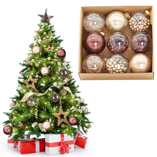 Paquete de 9 bolas navideñas transparentes de chocolate de 8 cm | Adornos colgantes de plástico para árboles y coronas