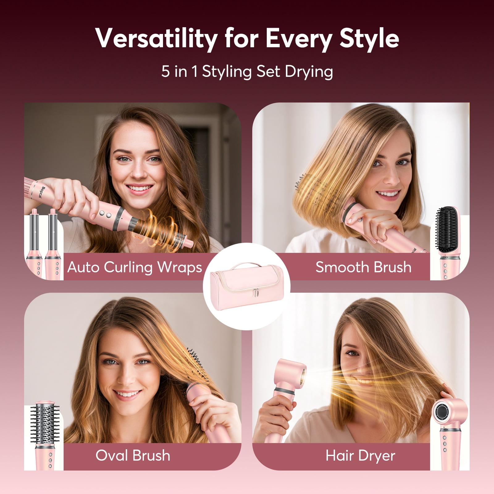5 in 1 Hair Dryer Brush with Travel Bag - Bopcal Air Styler for Hair, High-Speed Hair Dryer for Multiple Styling, Fast Drying,No Heat Damage，Pink