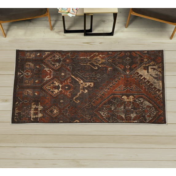 Ethnic Decorative Rug, Grunge Themed Abstract Artwork of Traditional Tribal Shapes and Ornaments, Quality Carpet for Bedroom Dorm and Living Room, 6 Sizes, Paprika, by Ambesonne