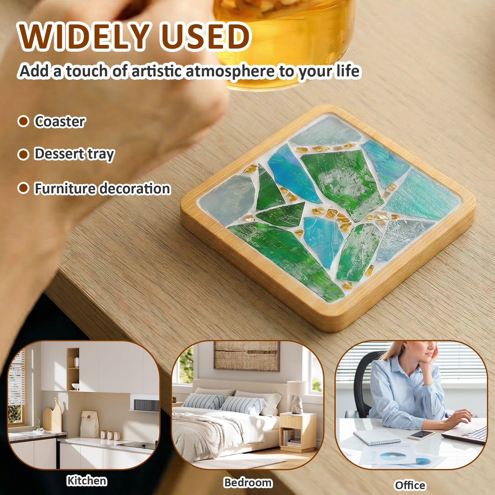 Xdziklosj 4 Pcs DIY Mosaic Kit for Adult Glass Tile for Craft with Bamboo Cup Pad for Women Mixed Color Mosaic Art Craft Cup Mat Project Handmade Making Kit Set for Home Decor Present