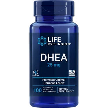 Life Extension DHEA 25 mg, dehydroepiandrosterone, healthy hormone balance, cardiovascular health, lean muscle mass, gluten-free, non-GMO, vegetarian, 100 dissolve-in-mouth tablets