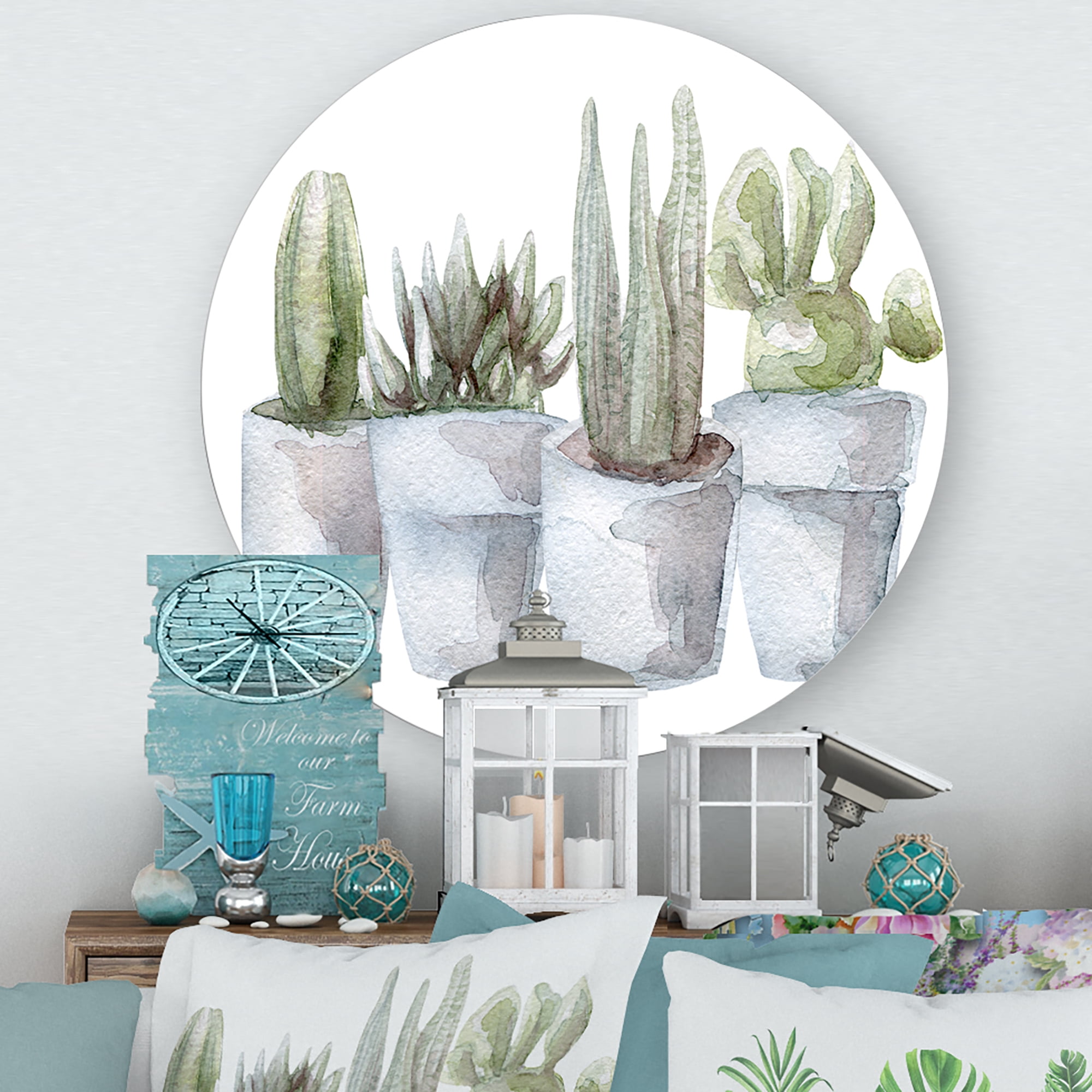 Designart 'Succulent and Cactus House Plants V' Farmhouse Circle Metal Wall Art 23x23 - Disc of 23