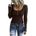 thumbnail image 4 of Women Fall Tops Long Sleeve Henley T Shirts Button Down Slim Fit Tops Scoop Neck Ribbed Knit Shirts, 4 of 7