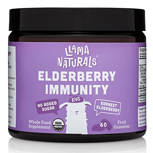 Llama Naturals Organic Elderberry Gummies for Kids, No Added Sugar, Sweeteners or Synthetics; Vitamin C, Zinc, Beta Glucan Immune Support for Children; 60 Fruit Gummies (30 Days)