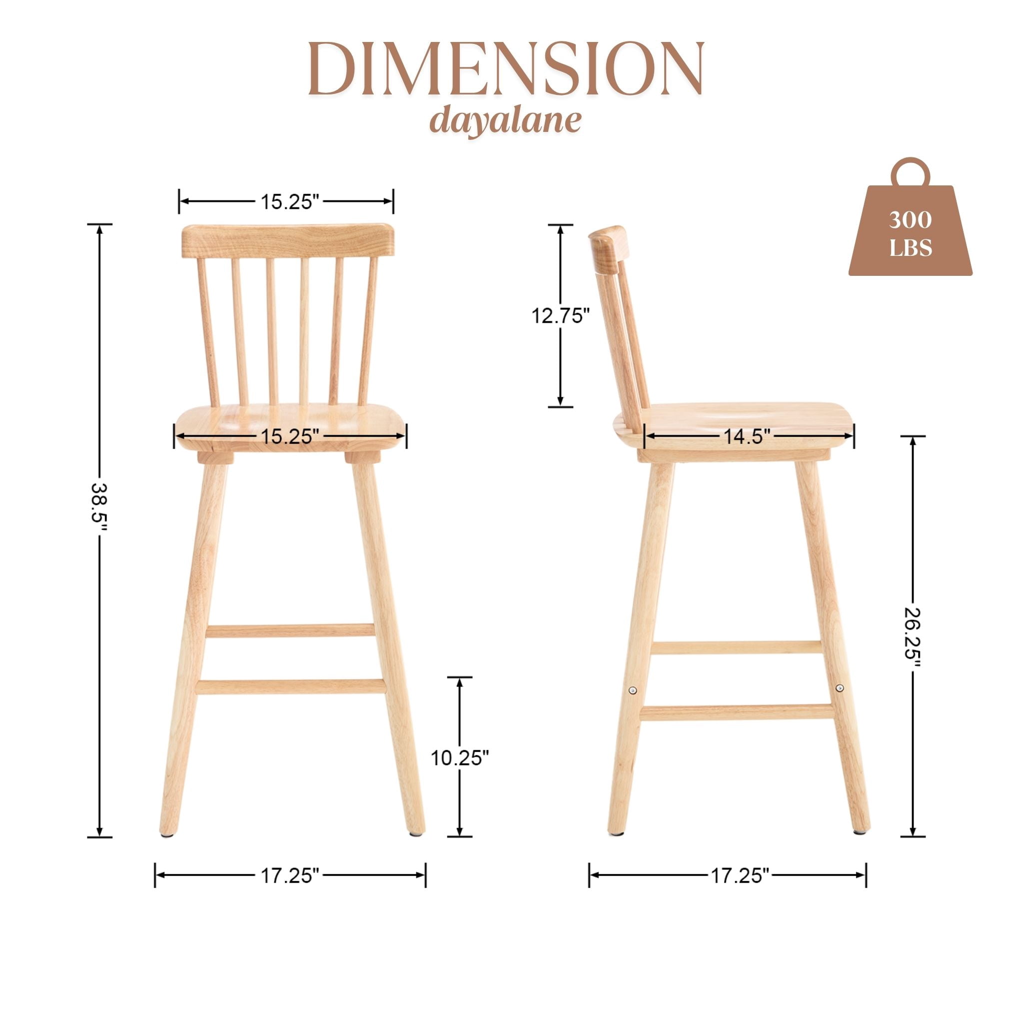 Dayalane Windsor Bar Stools Set of 2, 26" Farmhouse Wooden Counter Height Barstools with Spindle Back & Footrest, Armless Kitchen Island Stools for Bistro, Pub, Breakfast Bar,Natural