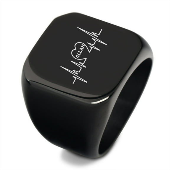 Men's Black Stainless Steel Allah Signet Ring Islam Allah in Heartbeat Muslim Faith Symbol Thumb Ring for Man Arab Religious Allah Jewelry, Size 10