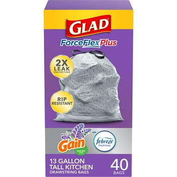 Glad ForceFlexPlus Tall Kitchen T Bags, 13 Gallon, Gain Lavender with Febreze, 40 Count