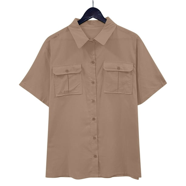 Puntoco Camisa De Manga Corta Con Solapa De Un Solo Pecho Y Doble Bolsillo Unisex De Verano top De Solapa De Manga Corta/Camisa Marrón M, Regalo Para Mujer