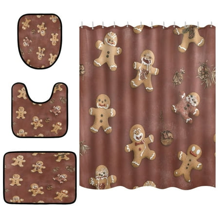 Gingerbread Man Repeat Pattern Bathroom Accessory Curtain Sets Bath Curtain Anti-Slip Mats and Toilet Pad 66x72in