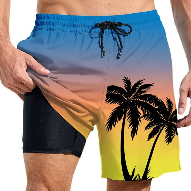Board Shorts Male Swim Trunks With Liner Inseam Board Shorts Bathing Suit With Pockets Beach Shorts Yellow S