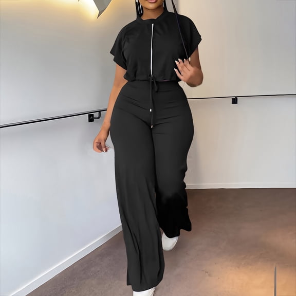 Aloohaidyvio Sweatsuits for Women,Women Short-Sleeved Round Neck Drawstring High Waisted Split Pants Suit, Womens Seatsuits