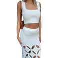 thumbnail image 4 of Women Knitted 2 Piece Outfits Midi Skirt Sets Crop Tank Tops and High Waist Hollow Out Long Skirts Two Piece Outfit Beachwear, 4 of 6