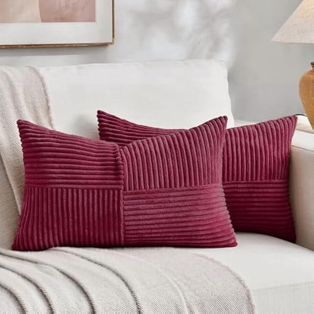 Chenchen 2 Packs Burgundy Lumbar Decorative Throw Pillow Covers 14x24 Inch for Living Room Couch Bed, Farmhouse Boho Home Decor, Soft Striped Corduroy Rectangle Accent Cushion Case 35x60 cm