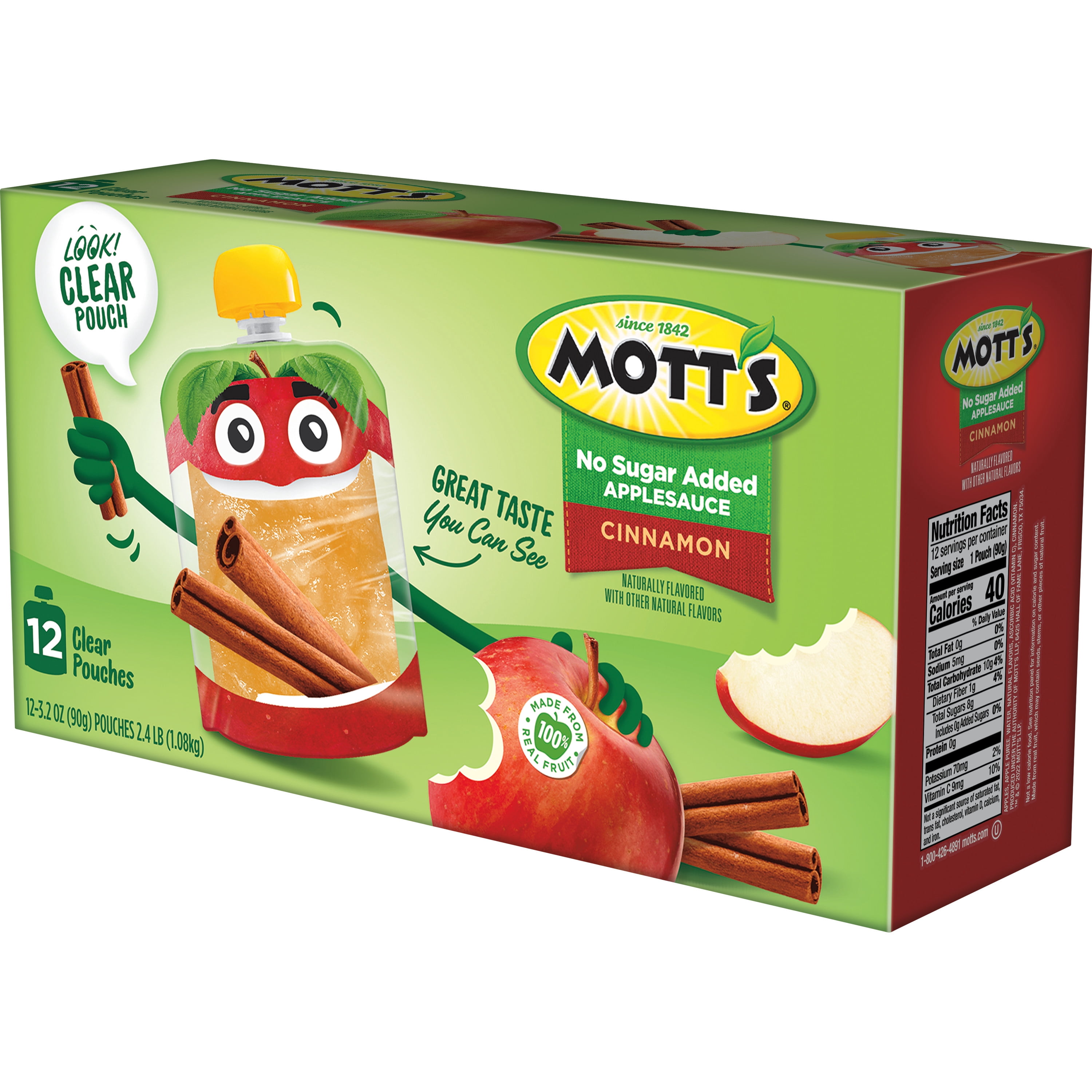 Mott's No Sugar Added Cinnamon Applesauce, 3.2 oz, 48 Count Clear Pouches (4 Packs of 12)