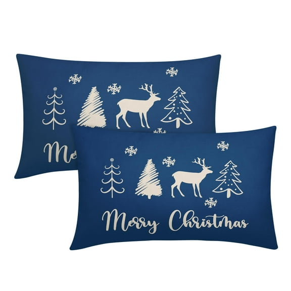 ABSOP Blue Christmas Lumbar Pillow Covers 12X20 Inch Merry Christmas Deer Tree Snowflake Decorative Pillow Cases Set of 2 Farmhouse Home Decor for Sofa Couch Bedroom Outdoor