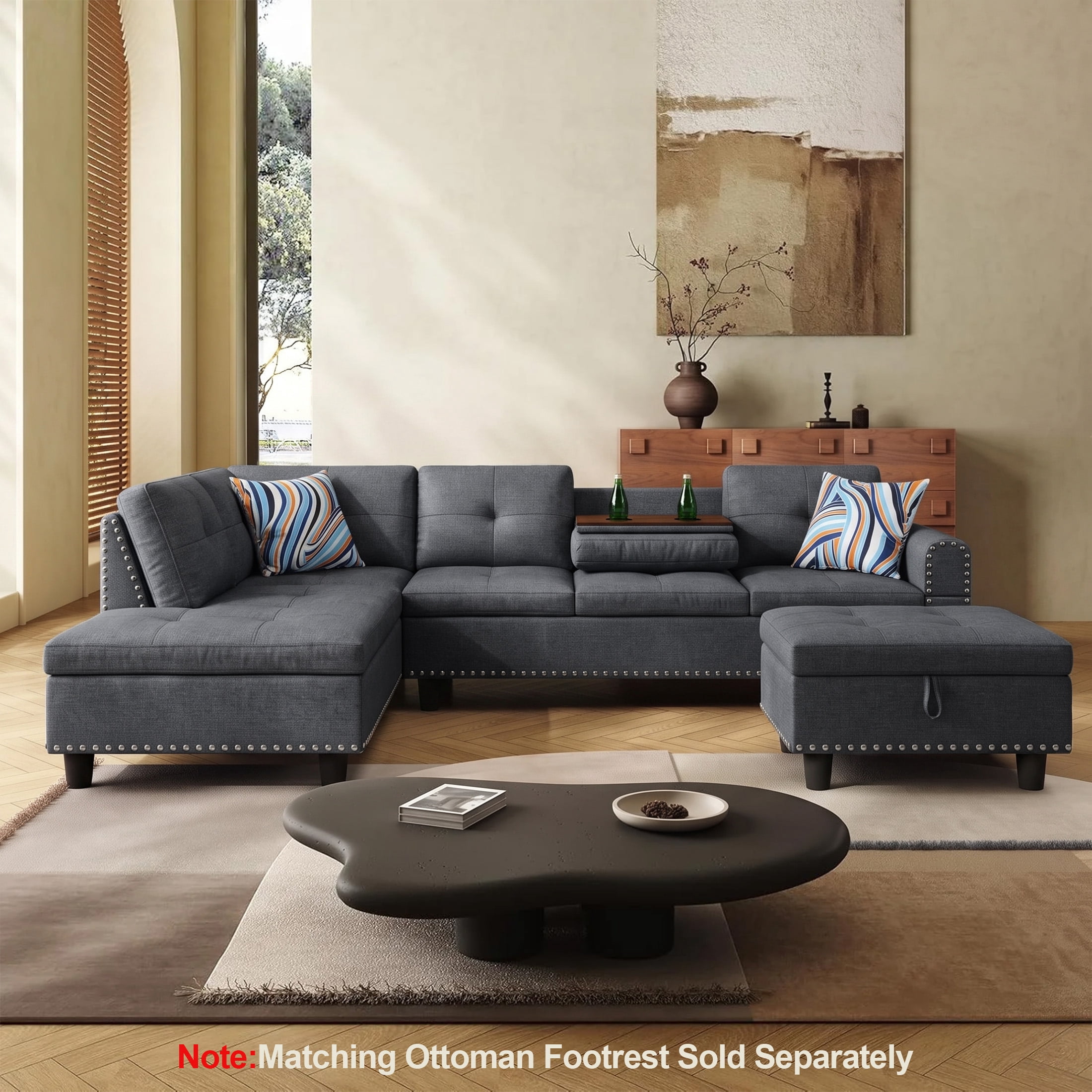 AENKYO 98" L-Shaped Sectional Sofa with Reversible Chaise and Cup Holders, Linen, Dark Gray