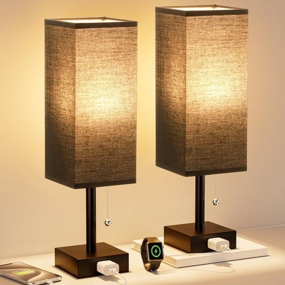 HIBIBUD Black Table Lamps for Bedroom Set of 2 - Nightstand Lamp with Ac Outlet Charging Port, 3 Color Temperatures Desk Light with Bulb, Small Tabletop Reading Lamp for Living Room/Dorm/Office