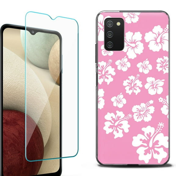 Slim-Fit Protective Fashion Phone Case (Black) for Samsung Galaxy A03s, with Tempered Glass Screen Protector, by OneToughShield ® - Hibiscus Pink