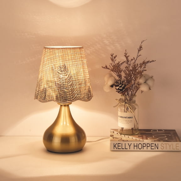Cute Gold Bedside Table Lamp, Scalloped Woven Shade Nightstand Lamp for Small Spaces, Bedroom, Living Room and Home Office Decor